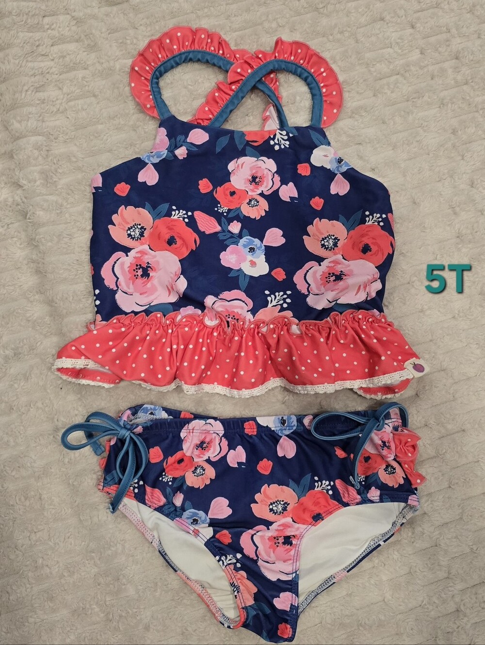 cheeky plum Navy Floral Two-Piece Girls Swim Set with Coral Ruffle